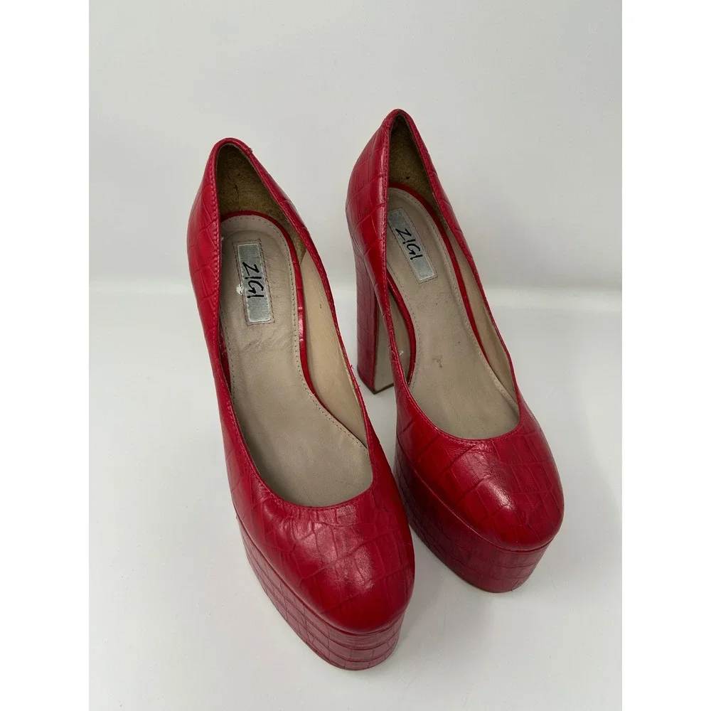 ZIGI Giorgia Red Crocodile Embossed Leather Platform Block Heel Pumps Size 9.5